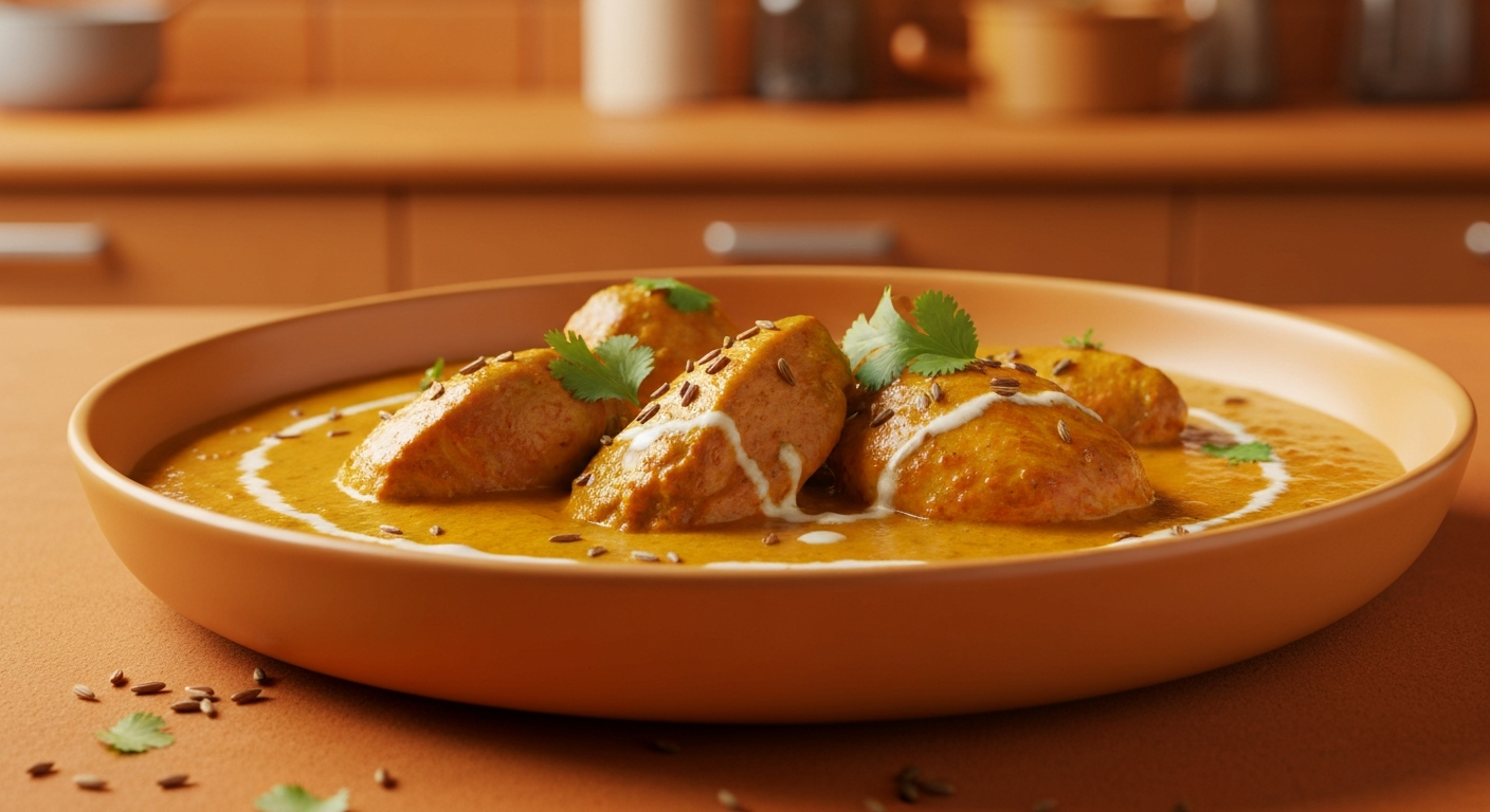 A vibrant, chef-grade Chicken Tikka Masala dish, garnished with fresh cilantro, professionally plated in a commercial kitchen setting.
