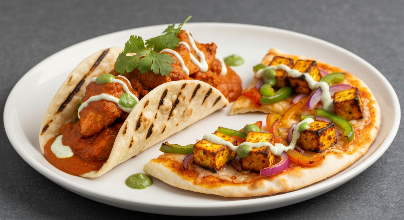 Deconstructed Indian fusion dish, possibly a tandoori chicken taco or a paneer tikka pizza, artfully plated with vibrant colors and fresh herbs on a rustic wooden table in a professional restaurant setting.