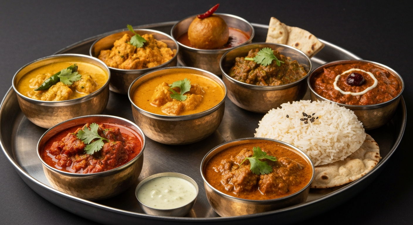 A vibrant and artfully plated regional Indian thali, featuring small bowls of diverse curries, rice, bread, and condiments, showcasing a unique and authentic culinary experience.