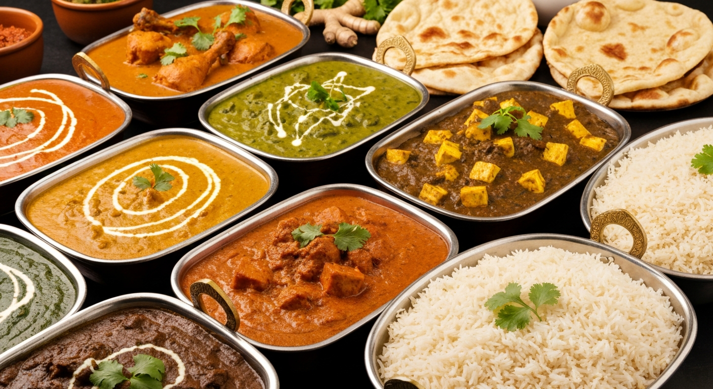 Assortment of vibrant Indian curries and rice on a well-arranged buffet, showcasing consistent presentation and rich colors suitable for a hotel dining experience.