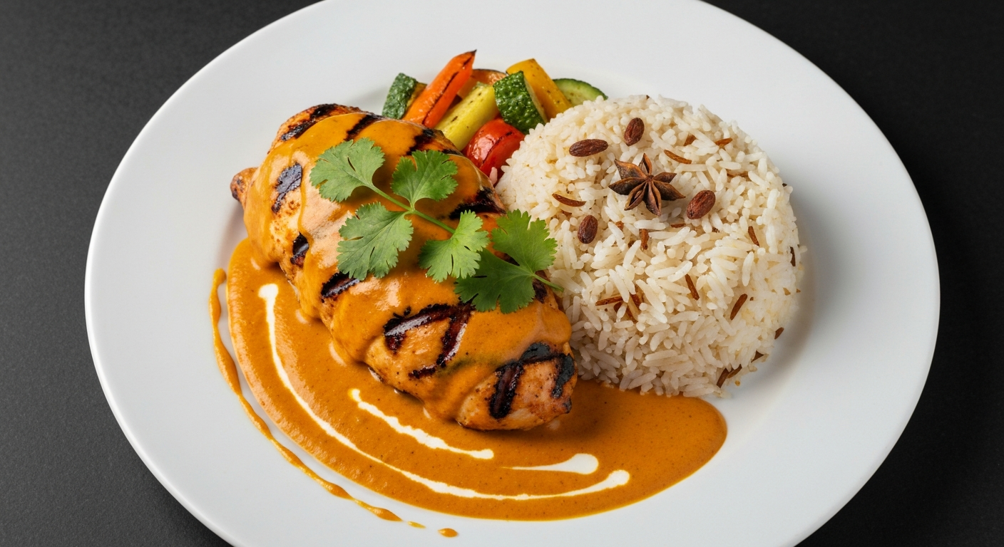 A gourmet fusion dish featuring grilled chicken with a vibrant, creamy Indian-inspired sauce, garnished with fresh cilantro and served alongside spiced basmati rice and roasted vegetables.