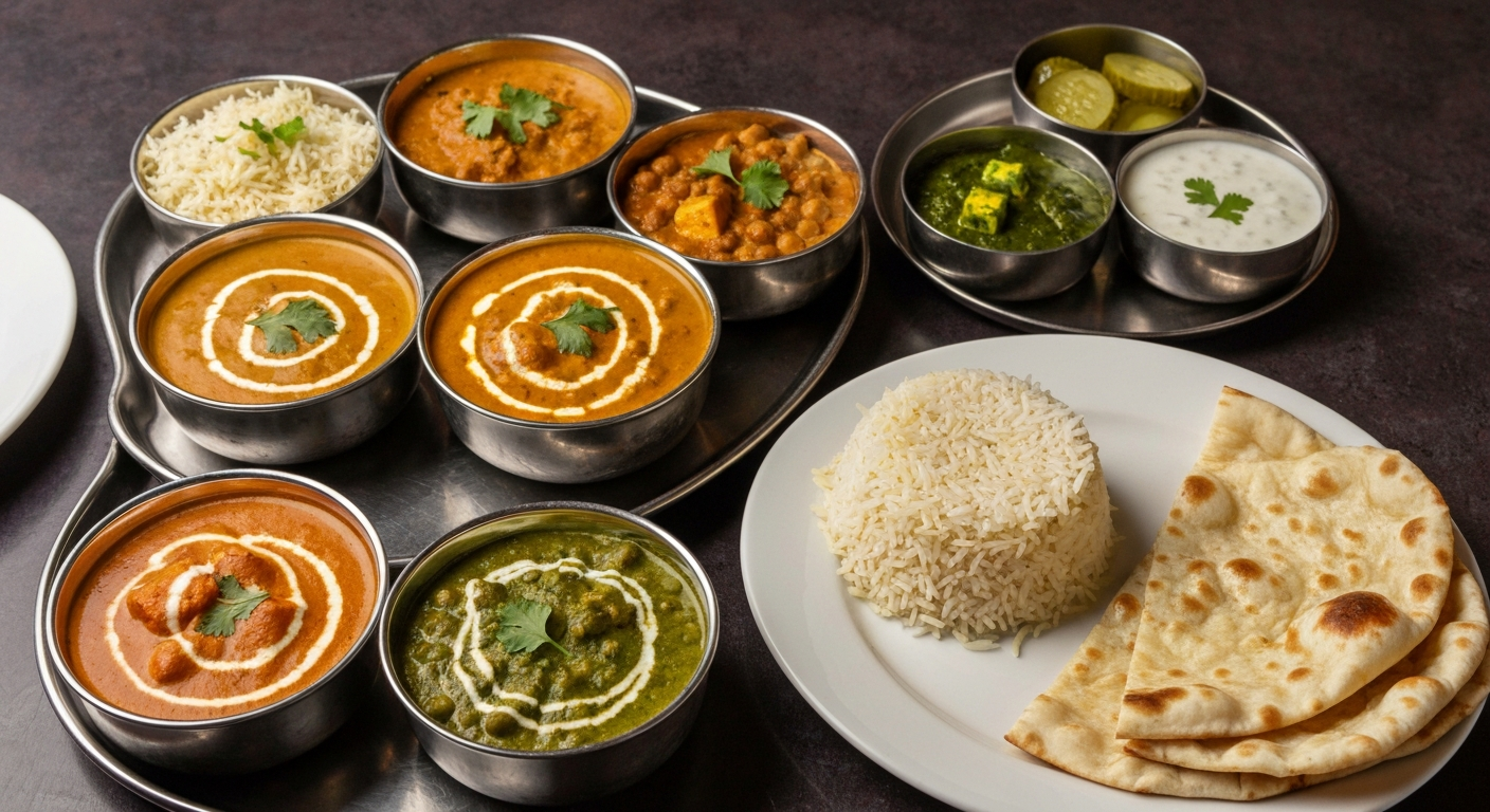 An overhead shot of a vibrant, diverse Indian thali with various curries, rice, naan bread, and chutneys, professionally plated for a restaurant setting.