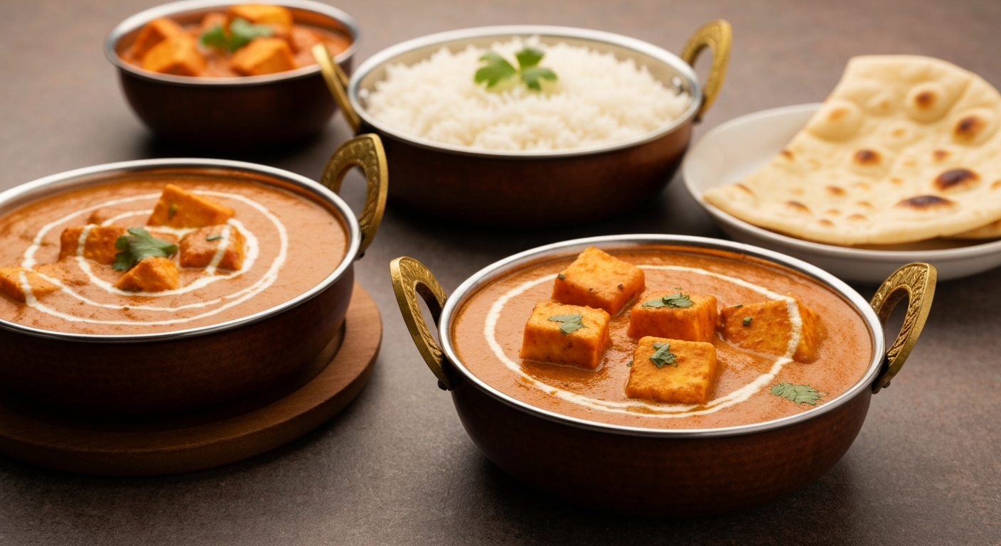 A vibrant array of authentic Indian dishes, including a rich chicken tikka masala, a creamy paneer butter masala, fluffy basmati rice, and fresh naan bread, artfully plated in a professional kitchen setting.