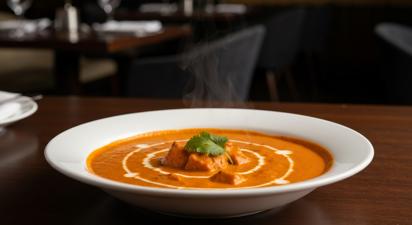 A close-up of a perfectly plated, vibrant Indian curry dish, garnished with fresh herbs, ready to be served in a high-end hotel restaurant setting. The focus is on the rich texture and appealing colors of the curry.