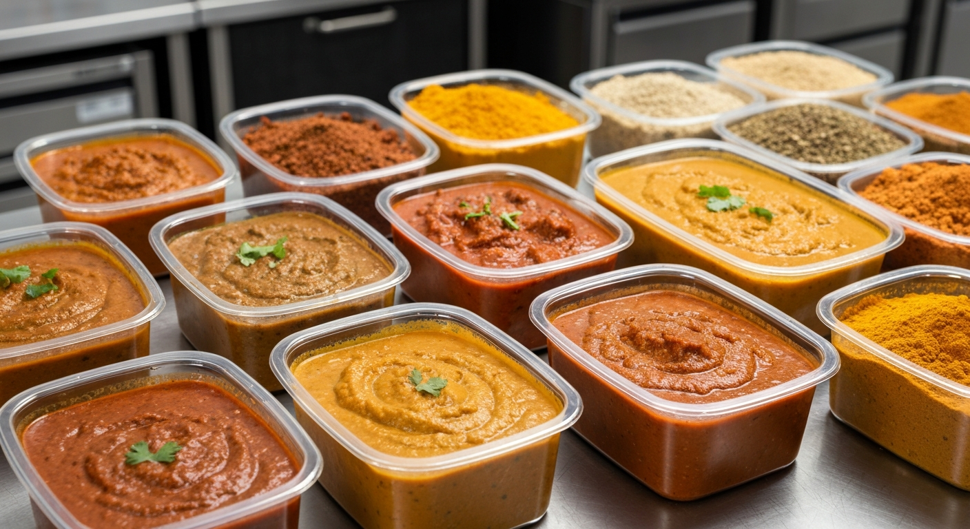 A vibrant array of authentic Indian gravies and spices, meticulously arranged in professional kitchen containers, showcasing rich colors and textures, ready for distribution.
