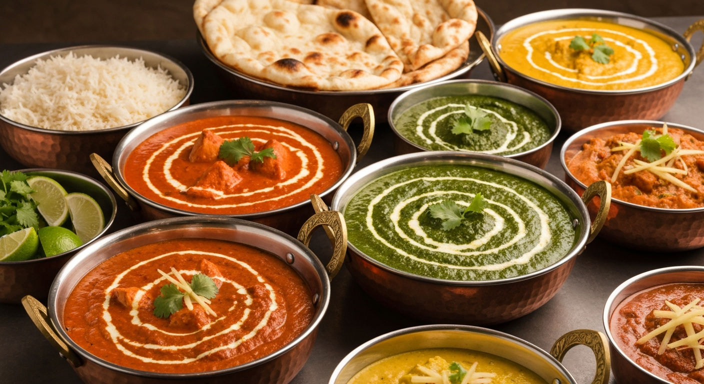 A visually appealing spread of various Indian curries in elegant serving dishes, with accompanying basmati rice, naan bread, and fresh garnishes, set on a professional kitchen counter.