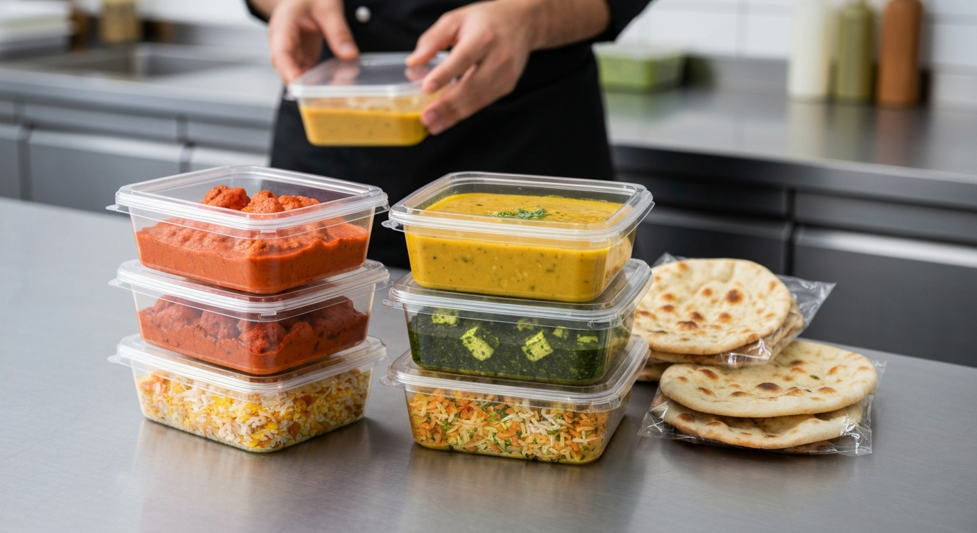 A professional ghost kitchen counter with various Indian dishes in clear, stackable delivery containers, showcasing efficient packaging and a streamlined workflow. Focus on vibrant colors of curries, biryani, and naan.