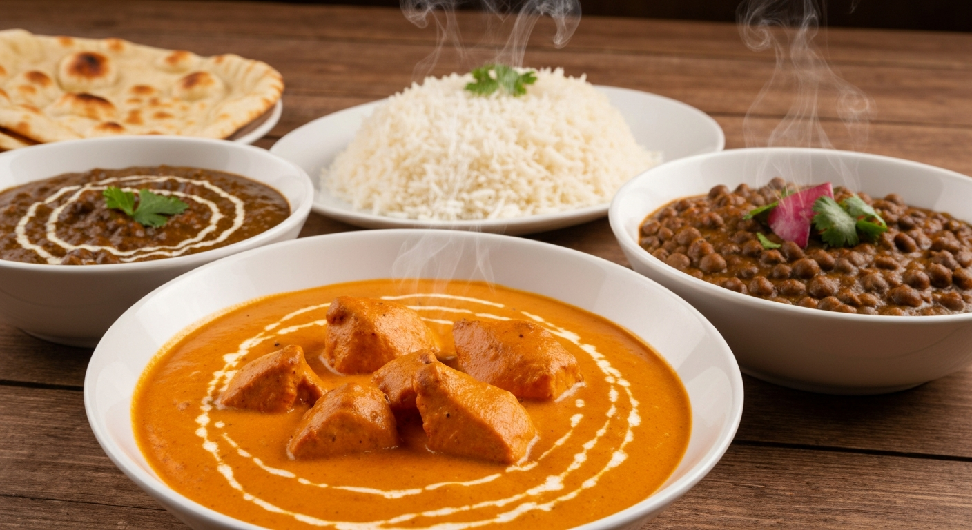 A vibrant and appetizing spread of Indian dishes, including a rich butter chicken, a hearty chana masala, aromatic basmati rice, and various Indian breads, professionally plated in a commercial kitchen setting.