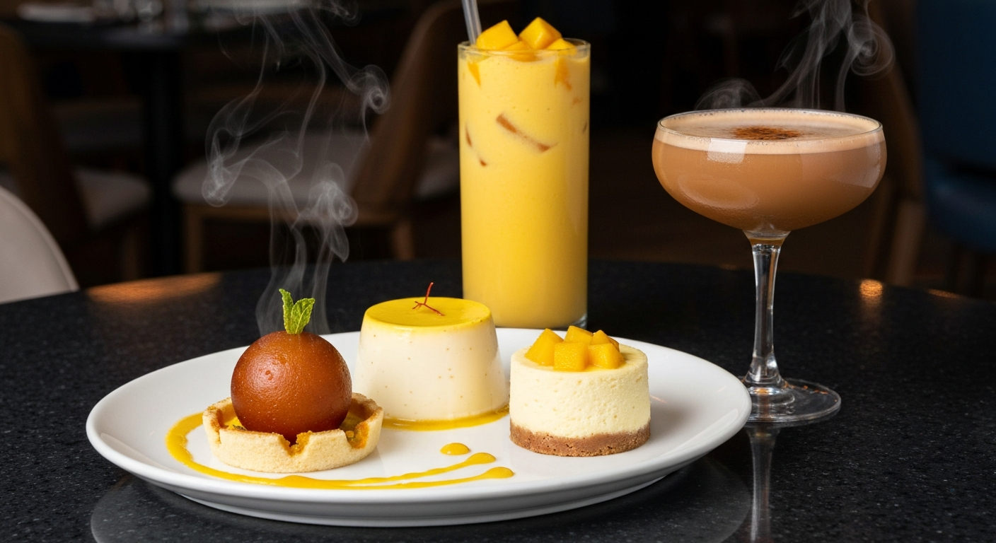 A beautifully plated Indian dessert platter featuring a deconstructed Gulab Jamun, a saffron panna cotta, and a mini mango cheesecake, accompanied by a refreshing mango lassi and a spiced chai cocktail, all professionally arranged on a dark wooden table in a restaurant setting.