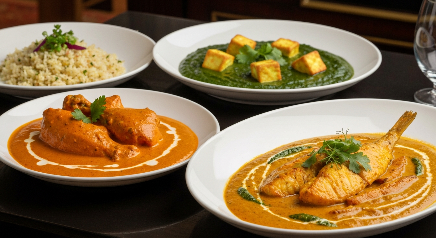 Assortment of vibrant Indian keto and low-carb dishes, including butter chicken, palak paneer, and cauliflower rice, professionally plated in a hotel dining setting.