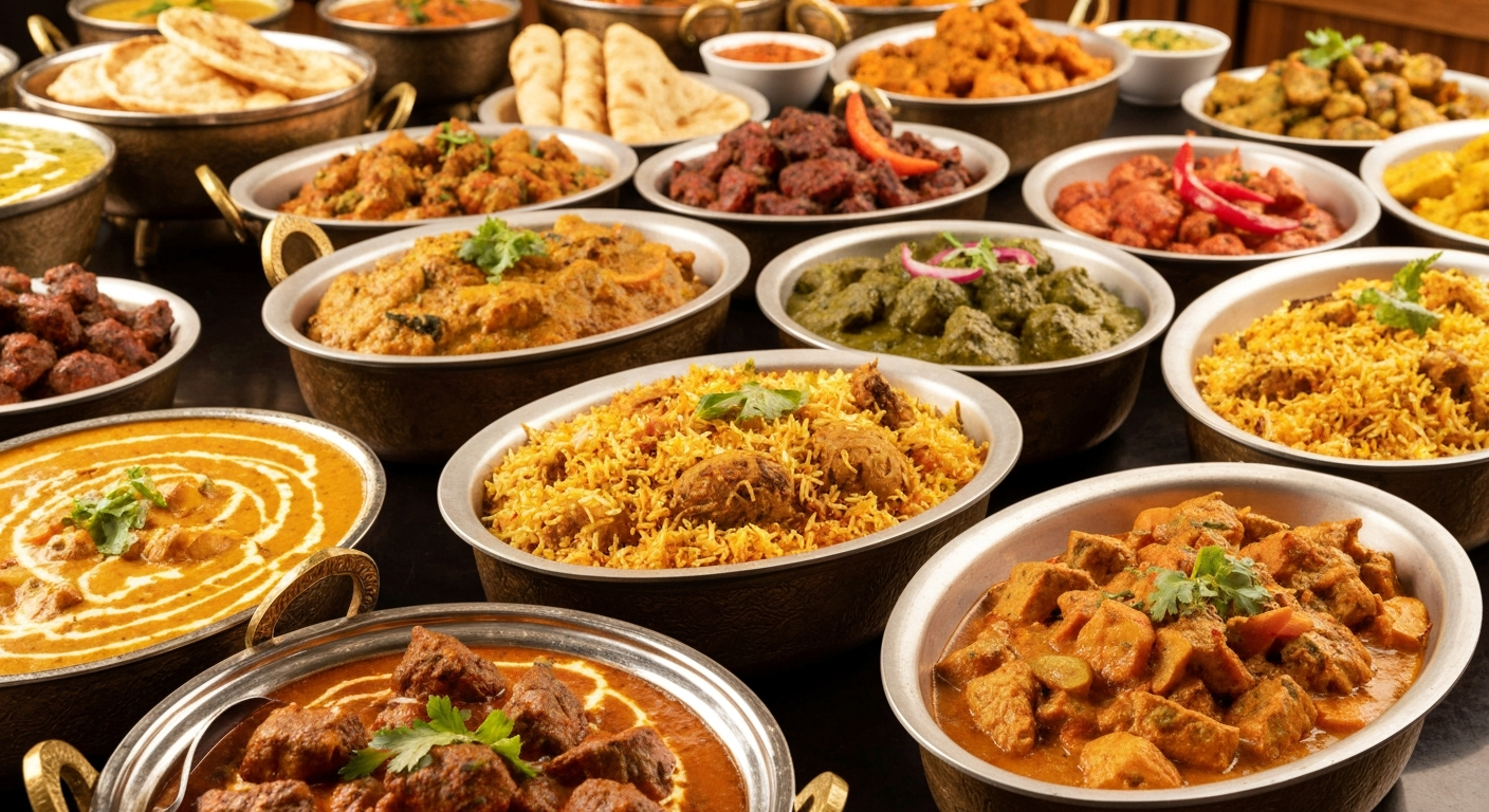 A vibrant spread of authentic Indian dishes, including Chicken Tikka Masala, Dal Makhani, and various curries, presented beautifully on a buffet table in a professional hotel dining setting.