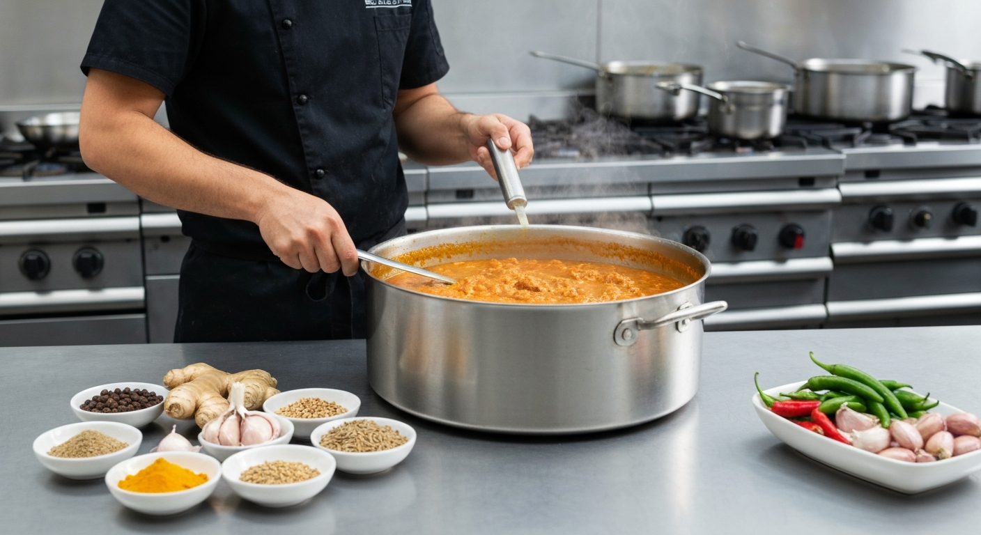 A professional chef's hand stirring a large pot of rich, vibrant Indian curry in a commercial kitchen, with various fresh spices and ingredients arranged neatly around.