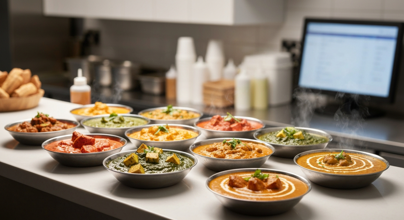 Appetizing professional shot of several vibrant Indian curry dishes, such as butter chicken, palak paneer, and dal makhani, ready for packaging in a clean ghost kitchen environment, with focus on rich colors and textures.