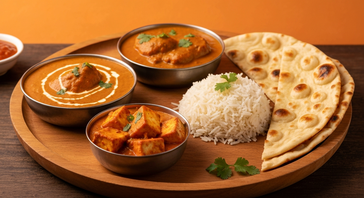A vibrant spread of authentic Indian dishes, including a rich butter chicken, a creamy paneer makhani, fragrant basmati rice, and fresh naan bread, elegantly plated for a hotel setting.
