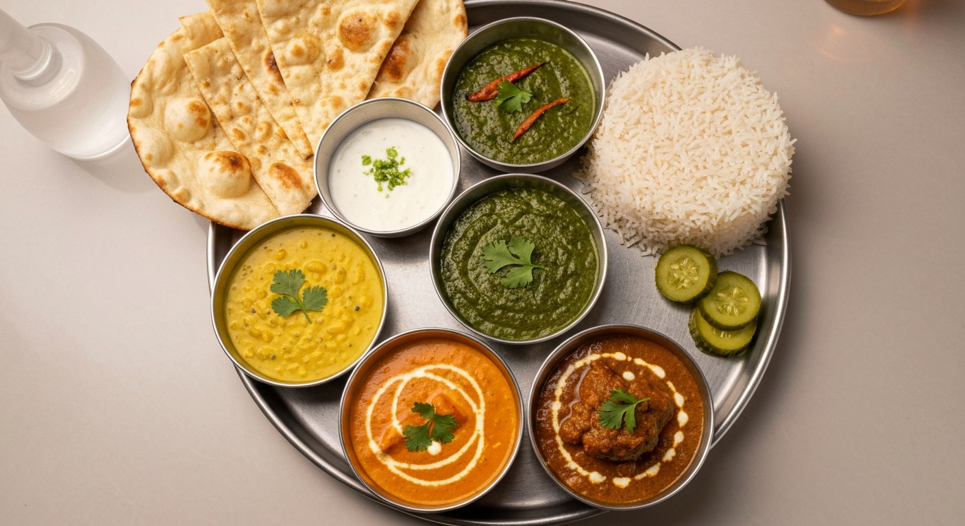 A beautifully plated, vibrant Indian thali with various regional curries, rice, bread, and condiments, artfully arranged on a wooden table in a professional restaurant setting.