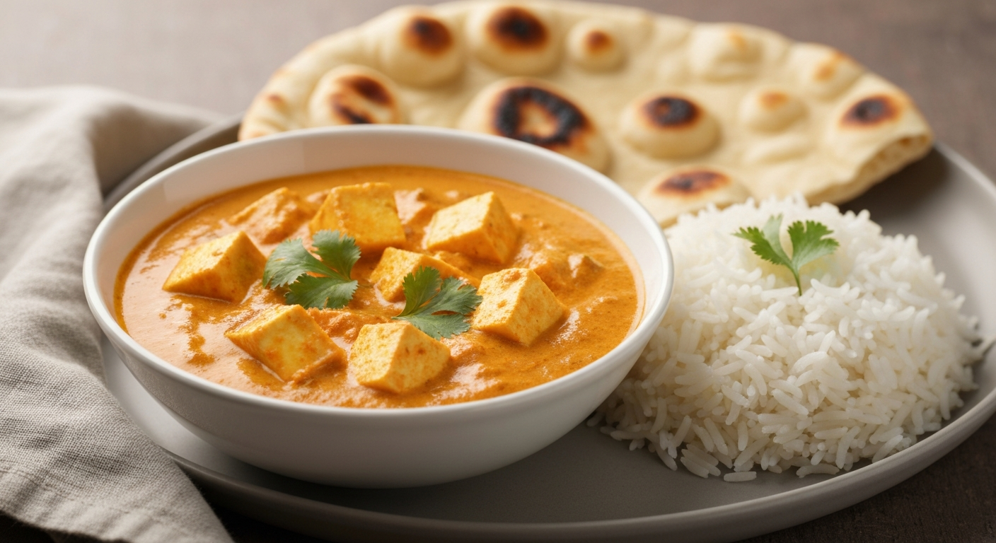 Appetizing professional shot of a bowl of creamy Paneer Butter Masala curry with fresh paneer cubes and a garnish of cilantro, served alongside fluffy basmati rice and warm naan bread, suitable for a healthcare foodservice menu.