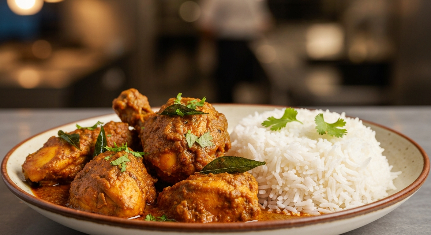 A beautifully plated, authentic Indian Chettinad Chicken curry with basmati rice and fresh cilantro, showcasing rich spices and vibrant colors.