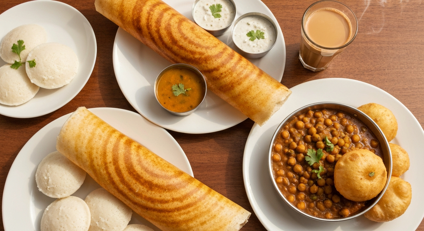 An inviting display of Indian breakfast and brunch items, including a crisp dosa with sambar and chutneys, fluffy idlis, and a vibrant bowl of chole bhature, arranged on a rustic wooden table with a side of masala chai.