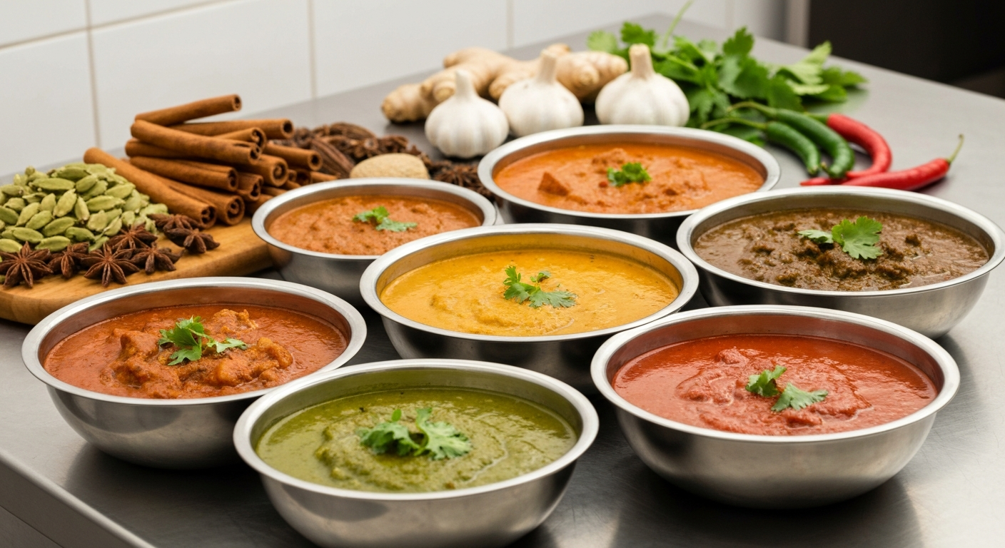 Assortment of vibrant Indian gravies and sauces in professional stainless steel bowls, ready for use in a commercial kitchen setting, with fresh spices and ingredients in the background.