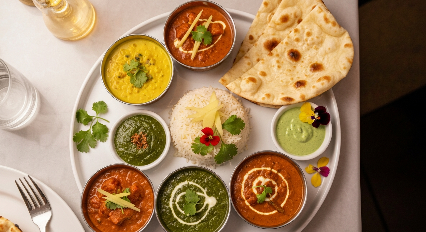 Artfully plated, vibrant Indian thali featuring a variety of curries, rice, naan, and chutneys, professionally styled in a high-end restaurant setting to convey premium quality and authenticity.