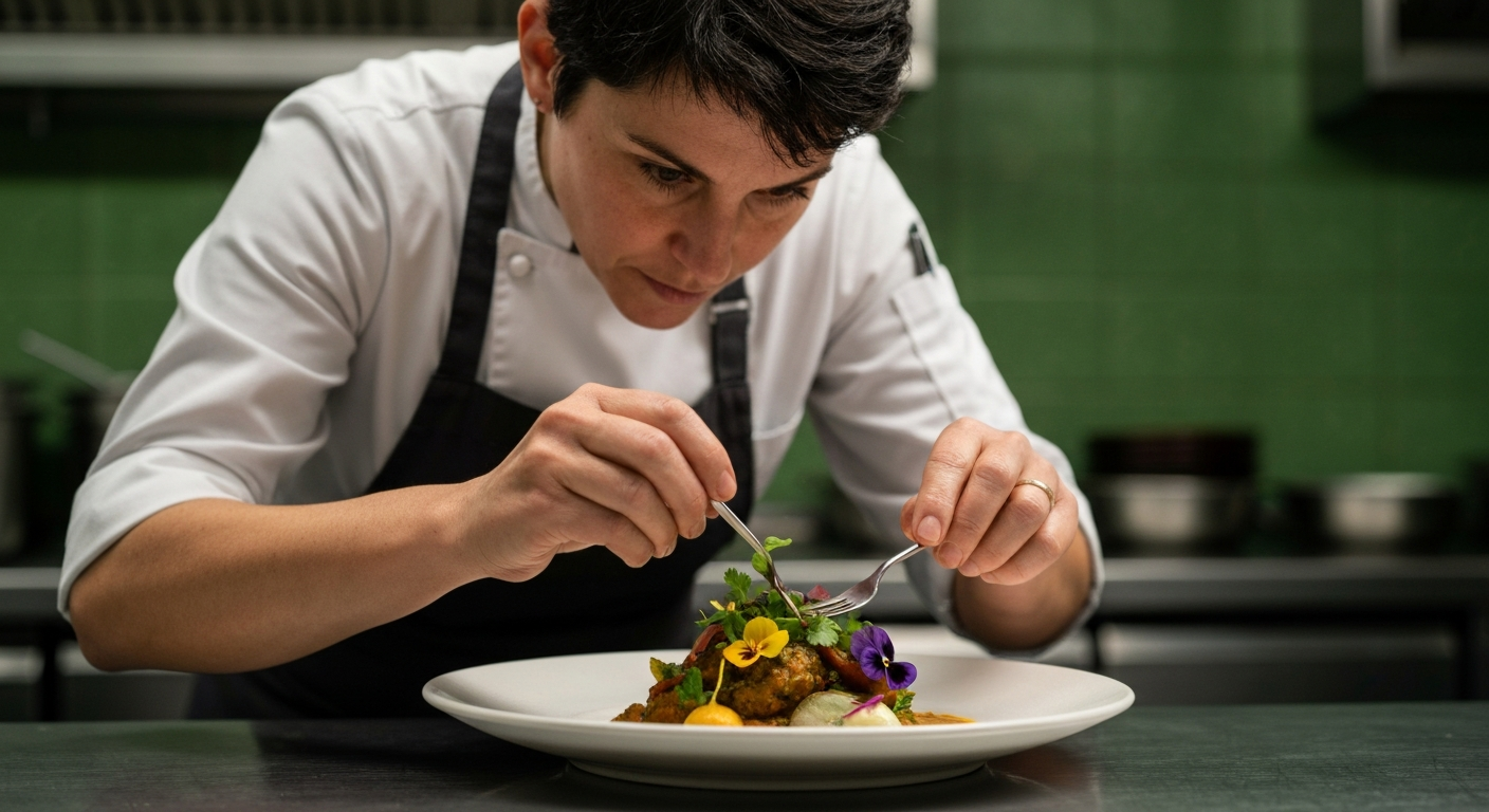A chef expertly garnishing a vibrant, plated Indian curry dish in a professional kitchen, showcasing culinary innovation.