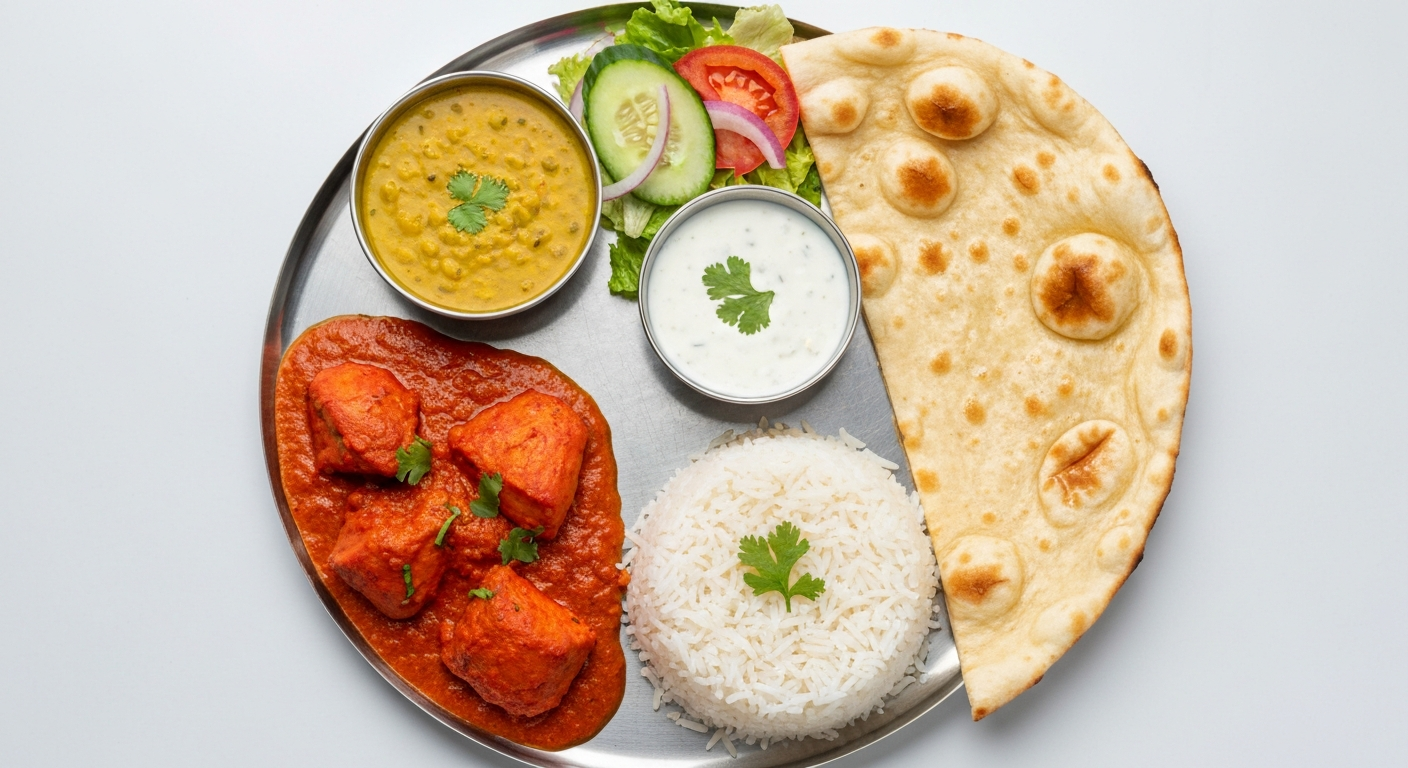 Appetizing professional photograph of a beautifully plated Indian combo meal with a rich chicken curry, fluffy basmati rice, soft naan bread, a vibrant lentil dish, and a fresh salad, served on a traditional thali plate.