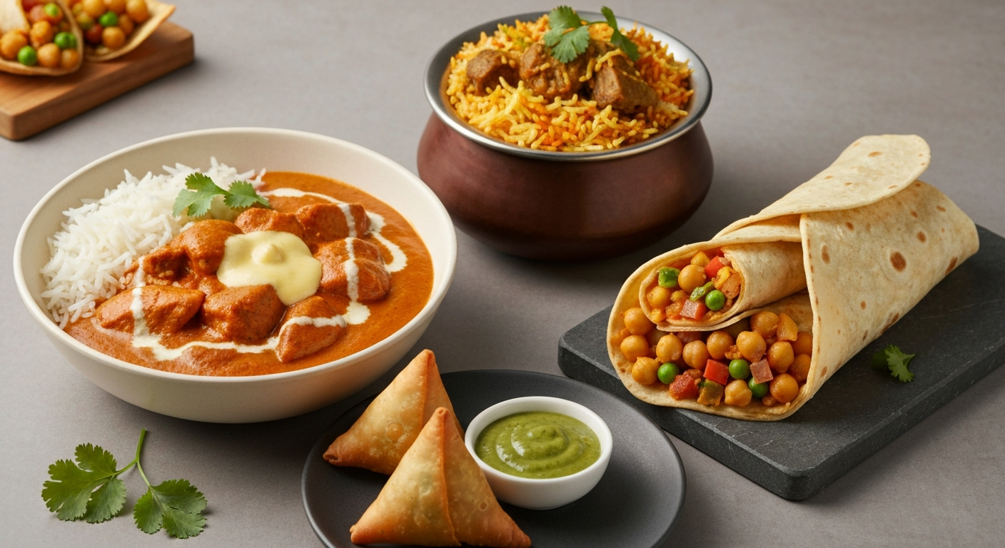 Assortment of vibrant, professionally plated Indian grab-and-go bowls and wraps, featuring Butter Chicken, Chana Masala, and Biryani, neatly arranged on a modern hotel deli counter.