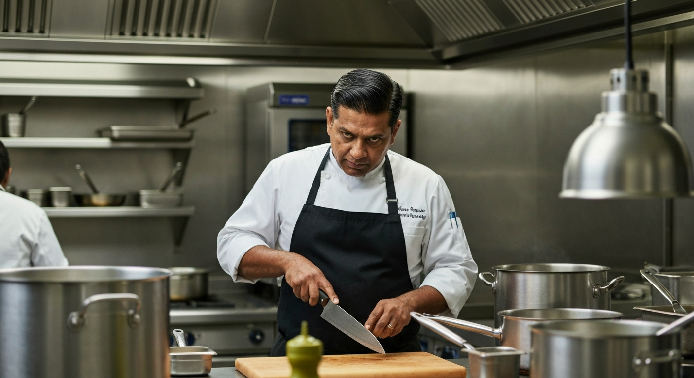 Professional chefs in a busy kitchen expertly preparing and plating vibrant, authentic Indian dishes, with rich gravies and fresh ingredients visible.
