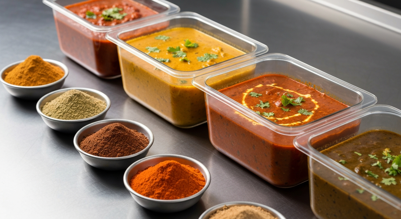 Assortment of vibrant, chef-grade Indian gravies and spices in professional kitchen containers, ready for use, symbolizing efficiency.