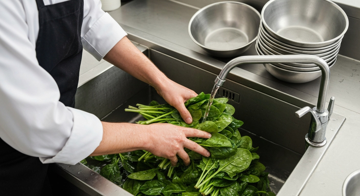 Chef efficiently washing fresh produce in a commercial kitchen sink, demonstrating water-saving techniques for Indian cuisine preparation.