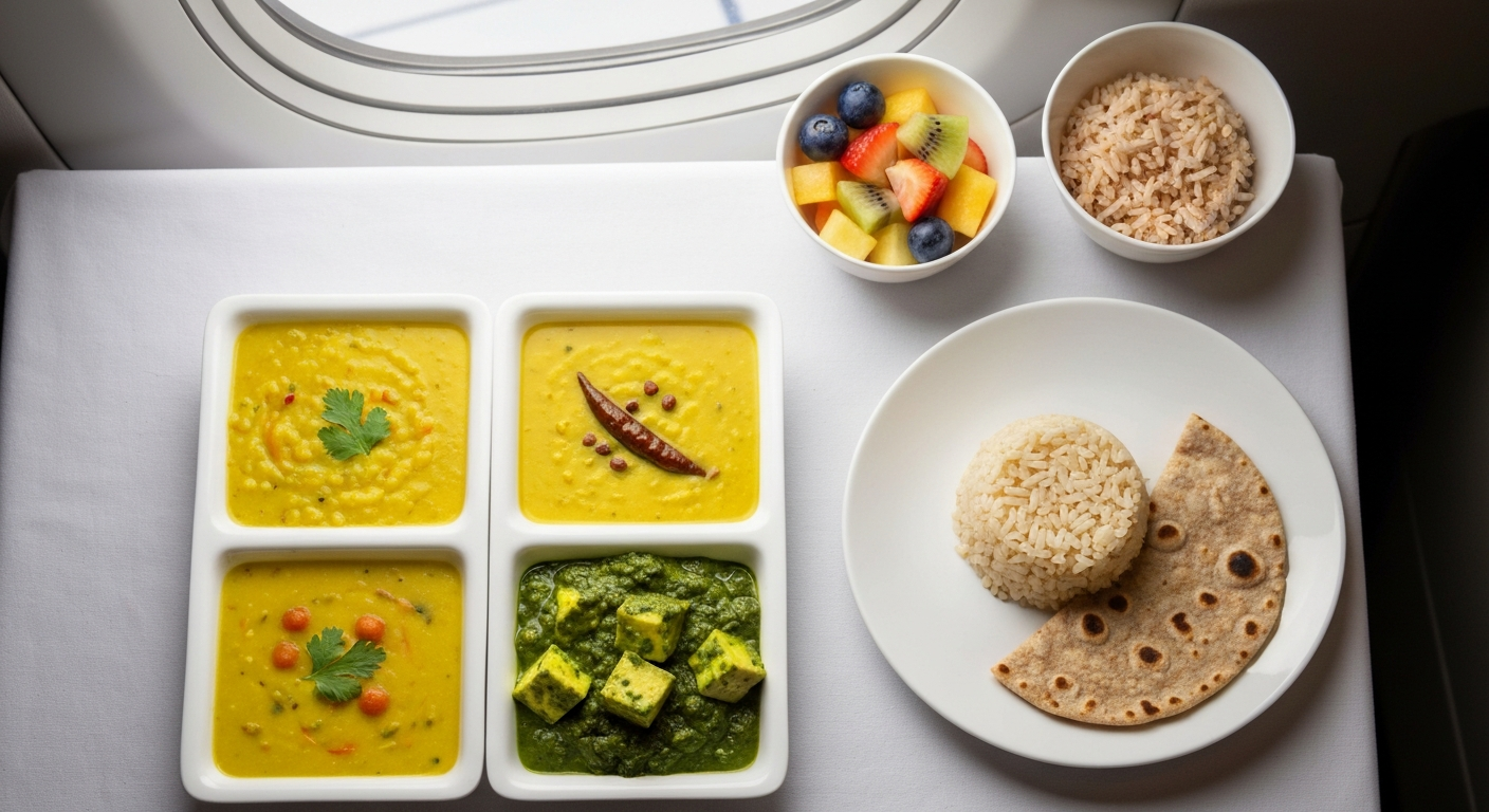 Elegantly plated healthy Indian airline or cruise meals with dal, vegetable curry, brown rice, roti, and fruit salad.