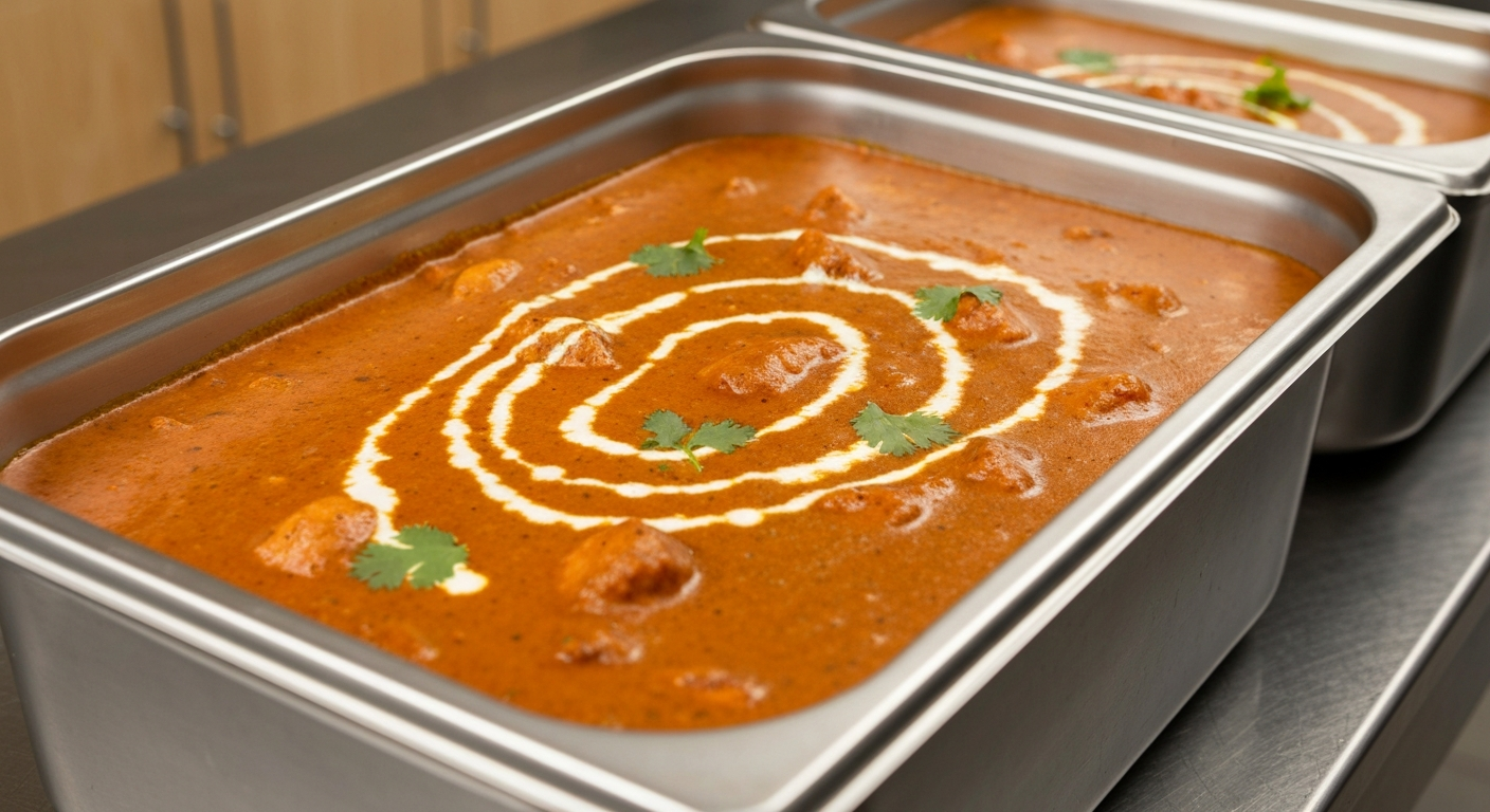 An enticing overhead view of various vibrant Indian gravies in professional white ceramic bowls, garnished with fresh herbs and whole spices, ready for culinary use in a commercial kitchen.