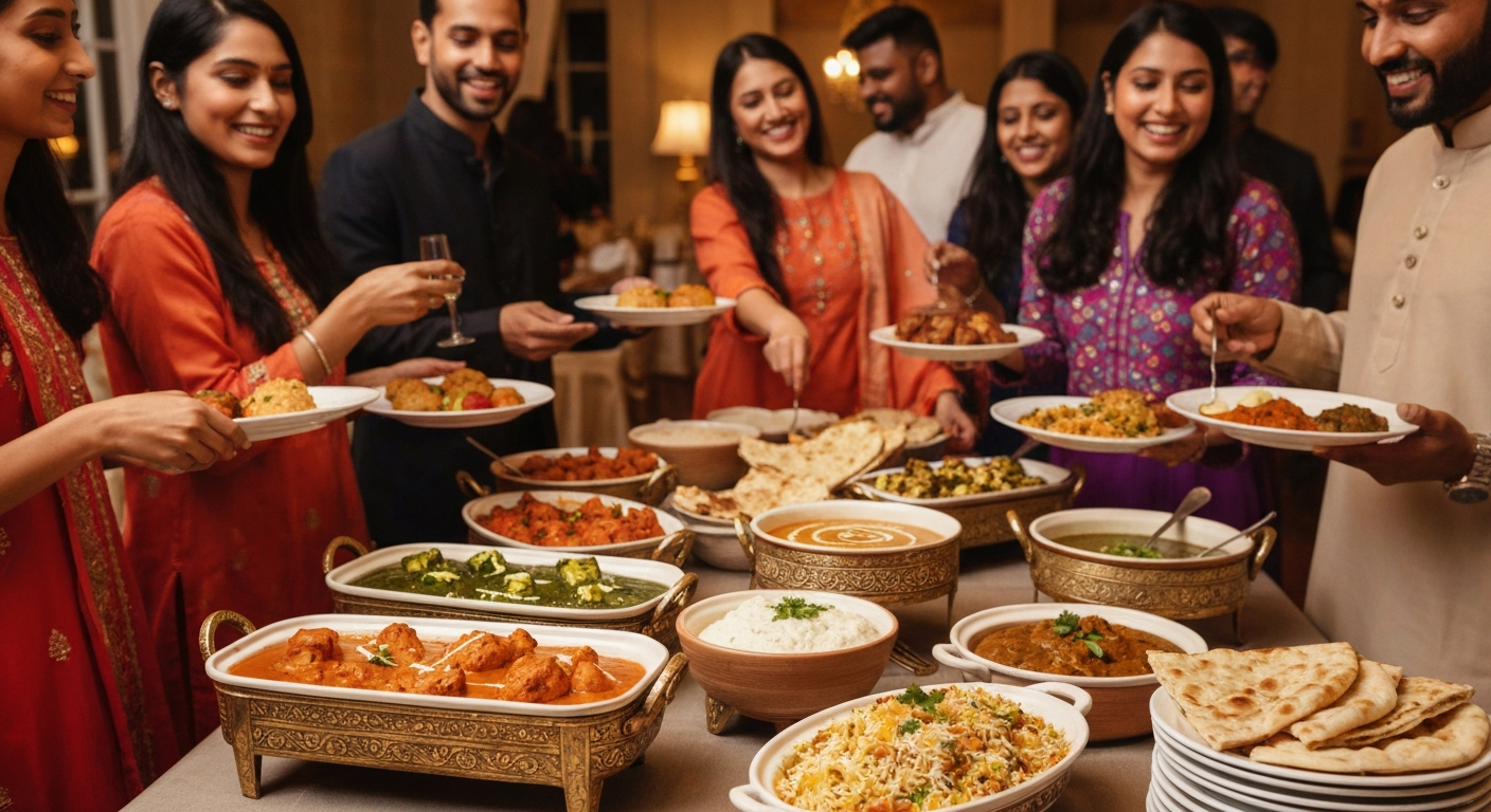 An appetizing professional buffet spread of various vibrant Indian dishes, including curries, rice, and naan, in an elegant catering setting.