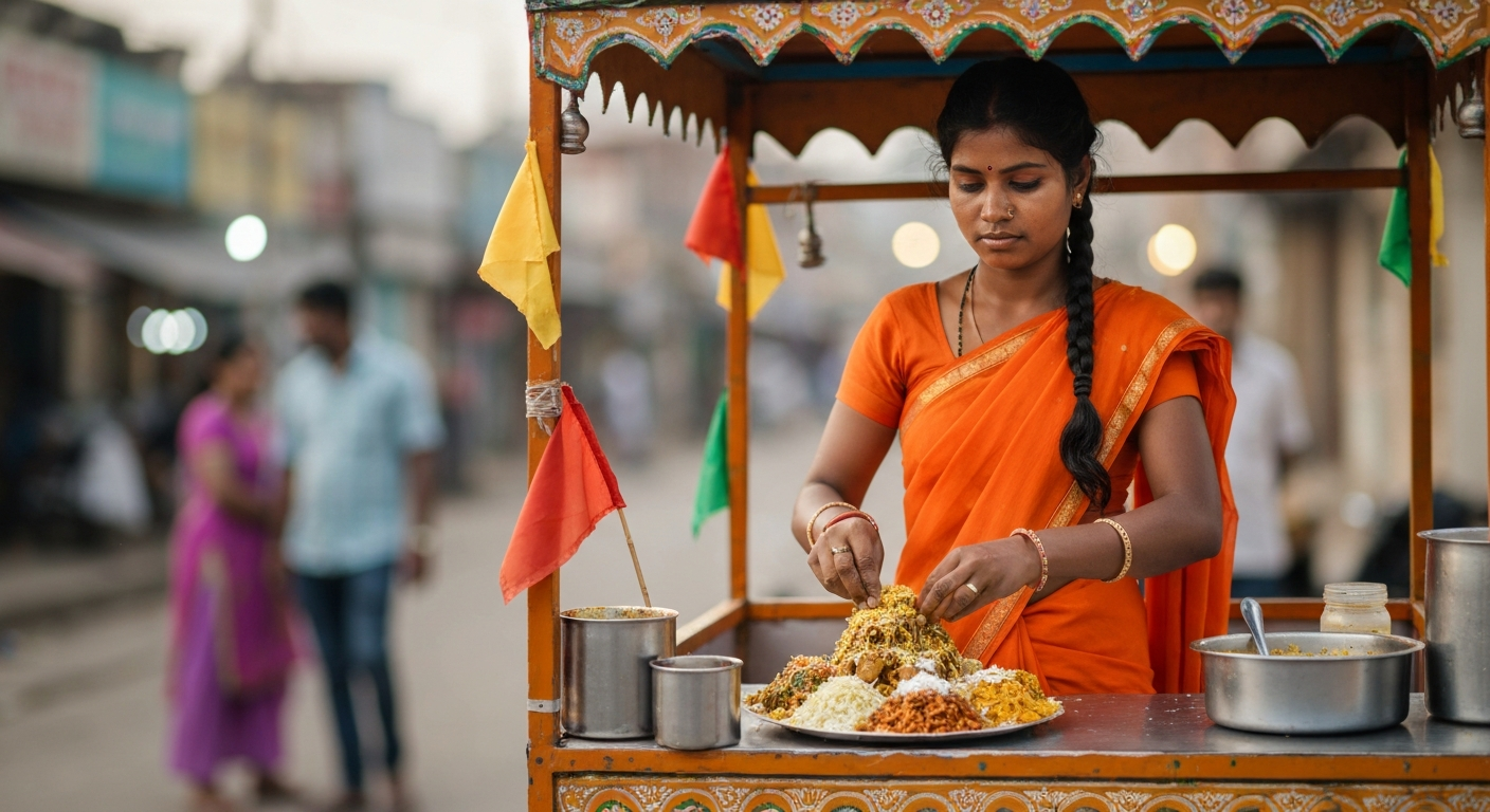 A vibrant, professionally styled photo of a diverse Indian catering spread featuring various curries in elegant serving dishes, fluffy basmati rice, naan bread, and colorful chutneys.